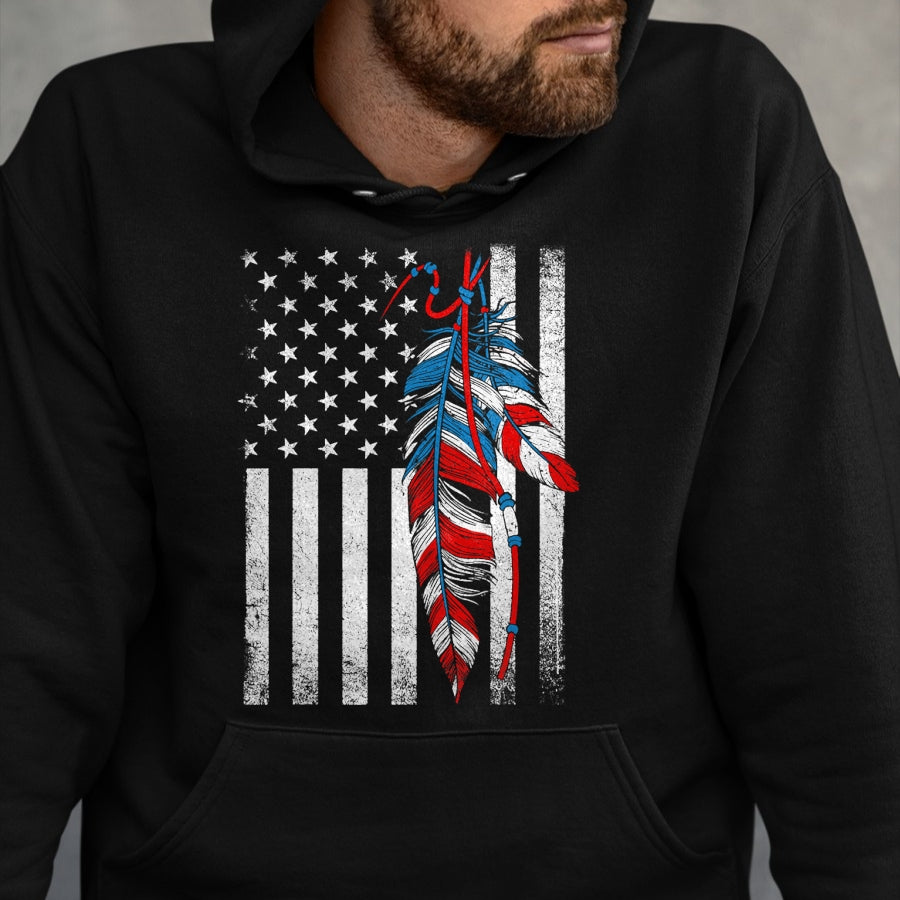 Native American T-Shirts, Vintage Native American Unisex T-Shirt/Hoodie/Sweatshirt HLT00 - American Flag - Native Feather Pride Month Indigenous (1)