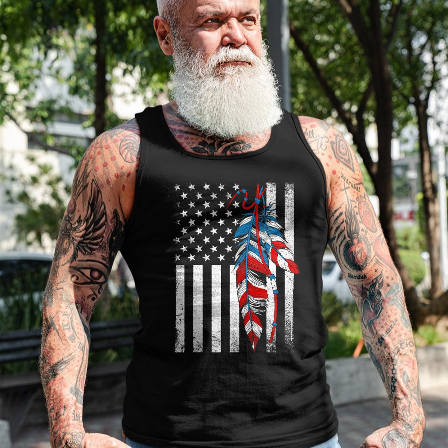 Native American T-Shirts, Vintage Native American Unisex T-Shirt/Hoodie/Sweatshirt HLT00 - American Flag - Native Feather Pride Month Indigenous (1)