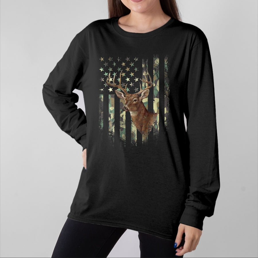 Funny Hunting Shirt, Gift For Hunting Lover Unisex T-Shirt/Hoodie/Sweatshirt HLT00 - American Flag Deer Hunting Camo T-Shirt
